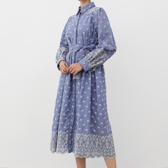 TIE-WAIST EYELET EMBROIDERED COTTON SHIRT DRESS IN BLUE - Picture 3 of 12